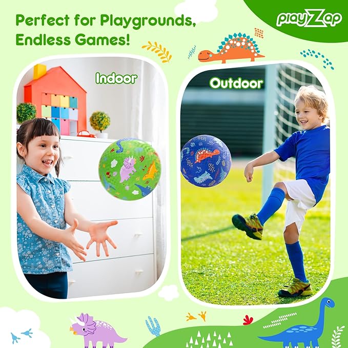 PlayZap 2 Pack Playground Balls for Toddlers, Dinosaur Kickballs for Kids 3-12, 8.5" Rubber Bouncy Balls with Pump, Indoor & Outdoor Dodgeball Toys for Boys & Girls Gifts