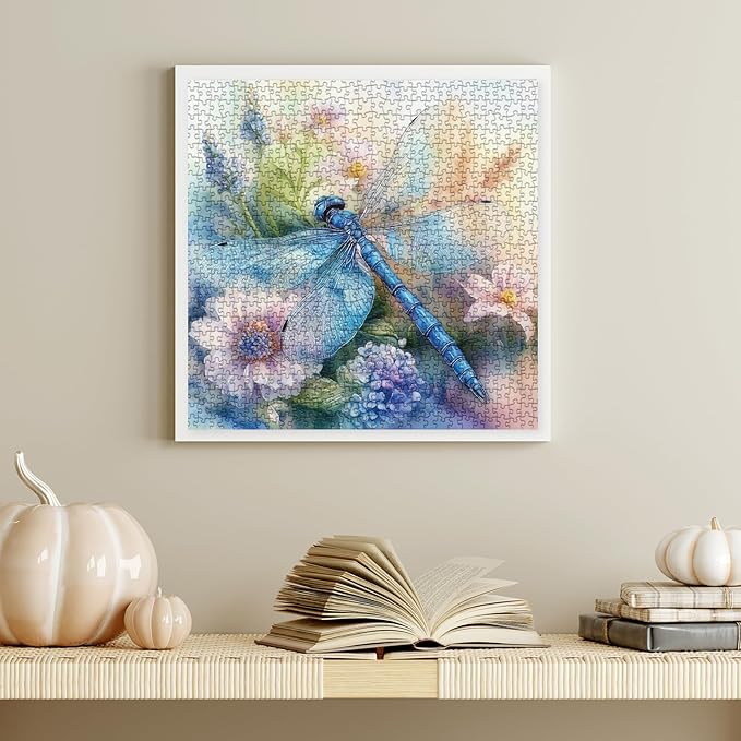 Beautiful Dragonfly Flower Puzzles for Adults 1000 Pieces, Fantasy Wildflower Art Jigsaw Puzzles, Aesthetic Watercolor Painting Puzzle