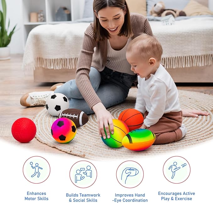 EVERICH TOY Balls for Toddlers 1-3, 7 Pcs 5" Playground Balls for Kids, Soft Rubber Small Sports Ball Set with Football, Basketball, Soccer, Indoor Outdoor Toddler Toys Games Gifts for Boys Girls