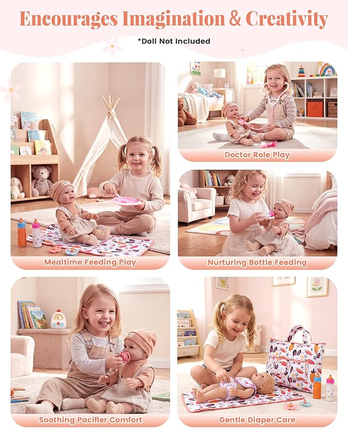 BABESIDE Baby Doll Diaper Bag Set, Portable Storage with Cute Print, Perfect for Pretend Play & Role Play for Girls, Fits 15–20 Inch Dolls with Changing Mat（Doll Not Included）