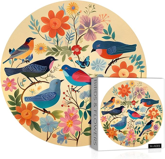 Vintage Bird Puzzles for Adults 1000 Pieces, Round Flower Jigsaw Puzzle Birds, Circle Plant Floral Jigsaw Puzzle Nature