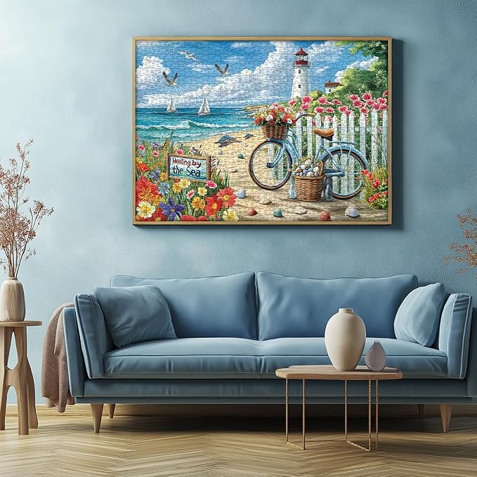 PICKFORU Beach Puzzles for Adults 1000 Pieces, Coastal Lighthouse Puzzle with Flowers Bike Sea Turtle, Nature Summer Ocean Jigsaw Puzzles, Seaside Scenery Challenge for Adults