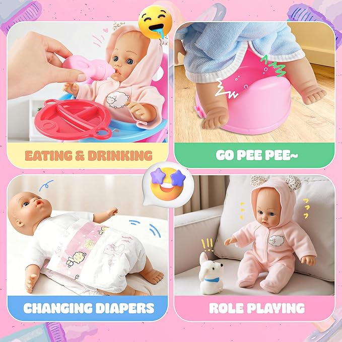 SMILESSKIDDO Baby Doll Stroller Toy Set - 12 Inch Soft Body Dolls with Accessories Dining Chair, Doll Clothes, Feeding Set for Realistic Pretent Play, Babydoll Care Gift for Toddler Girls 2+ Year Old