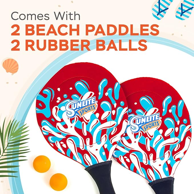Sunlite Sports Beach Paddle Game Set, 2 Paddles and 2 Balls, Perfect for Backyard Fun or Outdoor or Beach or Lawn, Red