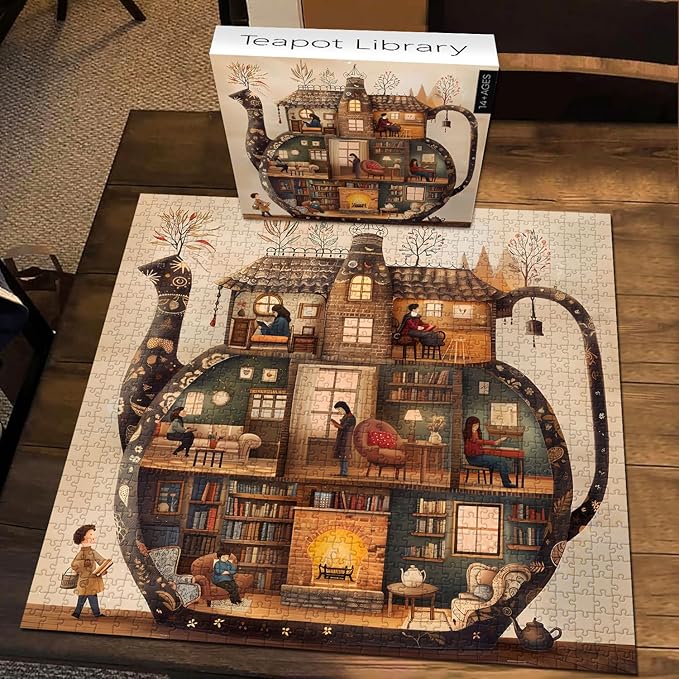Teapot Library Puzzles for Adults 1000 Pieces, PICKFORU Vintage Bookshelf Book Puzzles Room Art, Difficult Unique Reading Room Scene Theme