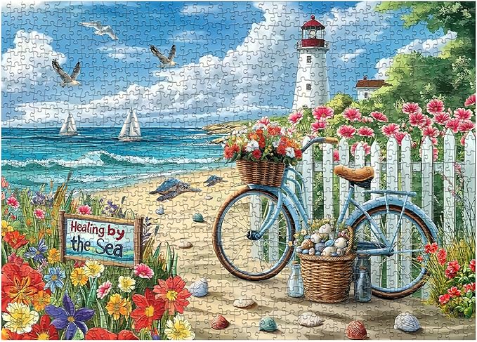 PICKFORU Beach Puzzles for Adults 1000 Pieces, Coastal Lighthouse Puzzle with Flowers Bike Sea Turtle, Nature Summer Ocean Jigsaw Puzzles, Seaside Scenery Challenge for Adults