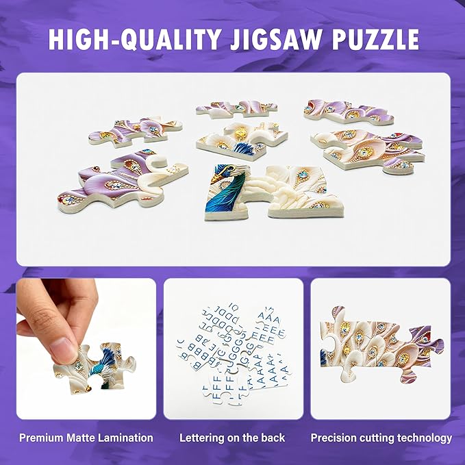 Crystal Peacock Puzzles for Adults 1000 Pieces, Pretty Embroidery Diamond Adults Puzzles,Perfectly Letter on Back No Dust, Matte Finish 3D Embroidery Puzzles Home Decor, 27.5" x 19.7" Gifts Games