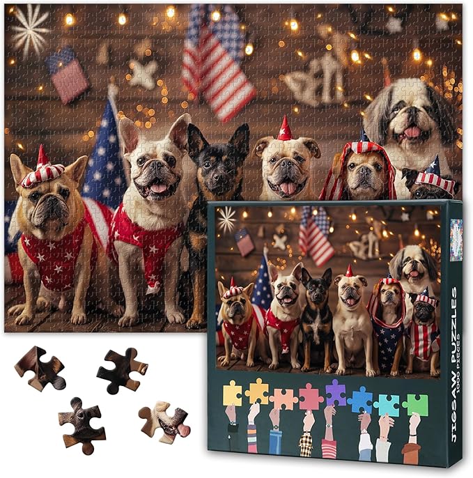 A Group of Dogs Puzzles for Adults 1000 Pieces, American Flag Jigsaw Puzzles, Adult Puzzle for Adults, Educational Fun Games or Toys for Elders Friends 20X27 INCH