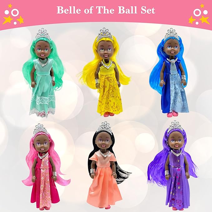 Little Dolls Set with Mini Princess Dolls for Girls – Princess Toy Dolls for Dollhouse –Small Doll Mini Princess Figures with Tiaras, Hair Accessories