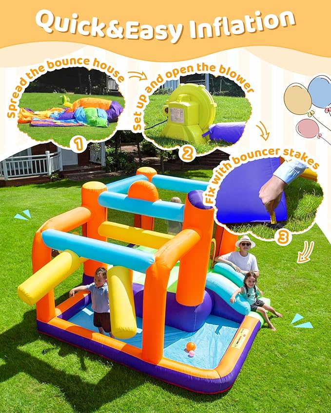 Bounce House & Inflatable Castle for Kids - Heavy Duty Indoor/Outdoor Playground Fun with Jumping Area, Slide, Ball Pit & Backyard Castle