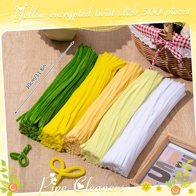 Peryiter 500 Pieces Pipe Cleaners Chenille Stems for Flowers Craft Supplies Bulk Fluffy Fuzzy Sticks for DIY Art Projects Creative Gift Wrapping Party Decorations (Yellow Flower,12 Inch)