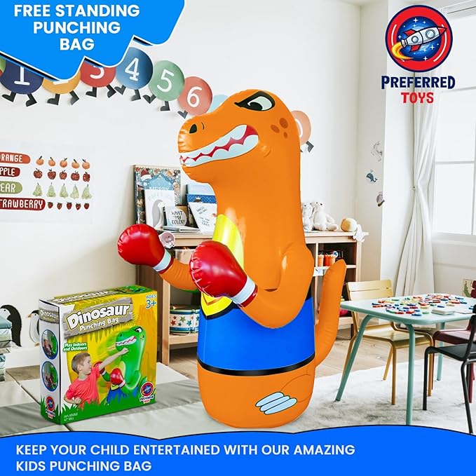 47" Inflatable Dinosaur Punching Bag for Kids - Durable Blow Up Kids Punching Bag with Bounce Back Base - Inflatable Indoor Outdoor Active Toddler Bop Play Toy