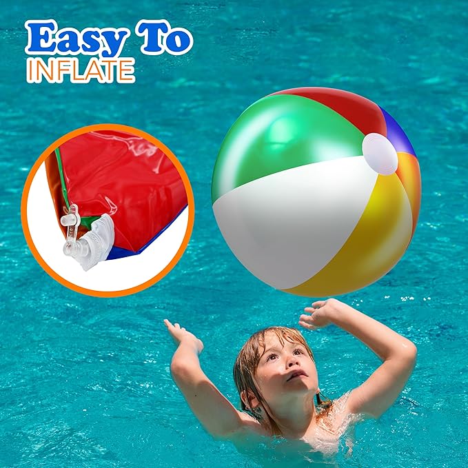 4E's Novelty Beach Balls [3 or 6 Pack] 20" Inflatable Beach Balls for Kids - Pool Games Toys for Kids & Toddlers, Classic Rainbow Color, Easter Outdoor Yard Games