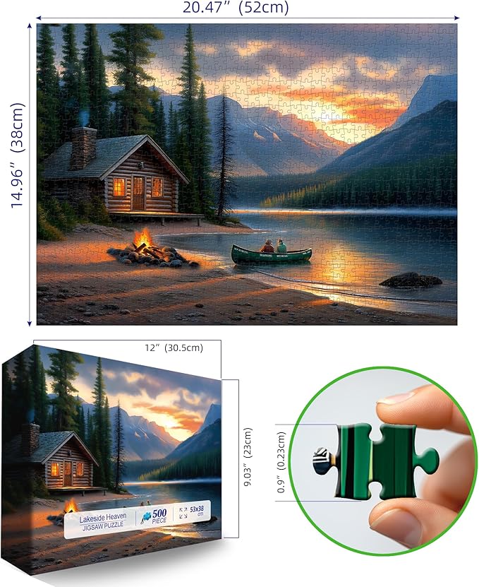 Blueforest Mountain Lake 500 Piece Puzzle for Adults - Log Cabin Panoramic Therapy Jigsaw Puzzle, Challenging Forest Landscape Framable Art Gift (23"x15") - Recycled Material