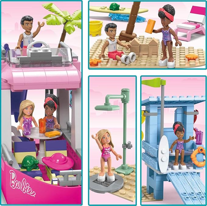 MEGA Barbie Kids Building Toy Set, Malibu Dream Boat with 317 Pieces, 2 Micro-Dolls and Accessories, Pink, Ages 6+ Years