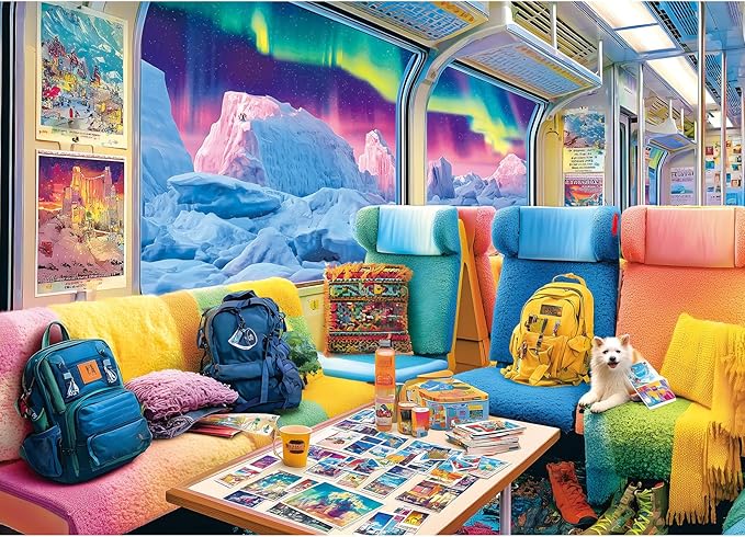 1000 Piece Jigsaw Puzzle for Adults Colorful Arctic Train Compartment with Northern Lights Travel ice Landscape Challenging Puzzle for Game Nights (27.6"x19.7")
