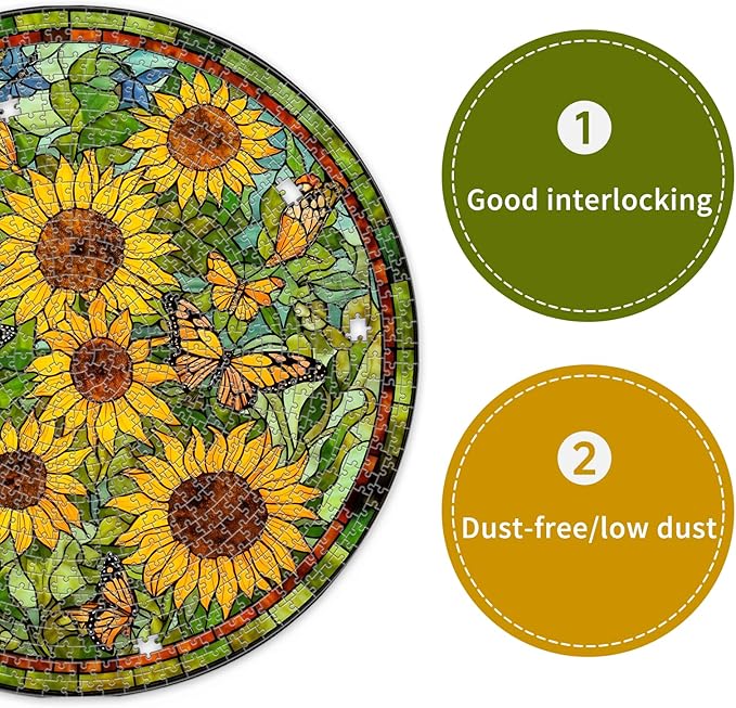 Sunflower Stained Glass Puzzles Jigsaw for Adults 1000 Pieces, Brain Challenging Puzzle for Game Night, Family, Friends, Round Puzzles Diameter 25.6 in