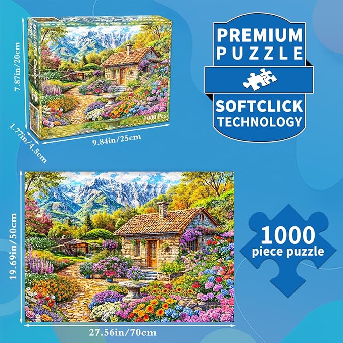 HUADADA 1000 Piece Puzzles for Adults - Colorful Flower House in The Mountains -Vibrant Views- Jigsaw Puzzles for Adults 1000 Piece Educational Games Colorful Puzzles for Home Decoration