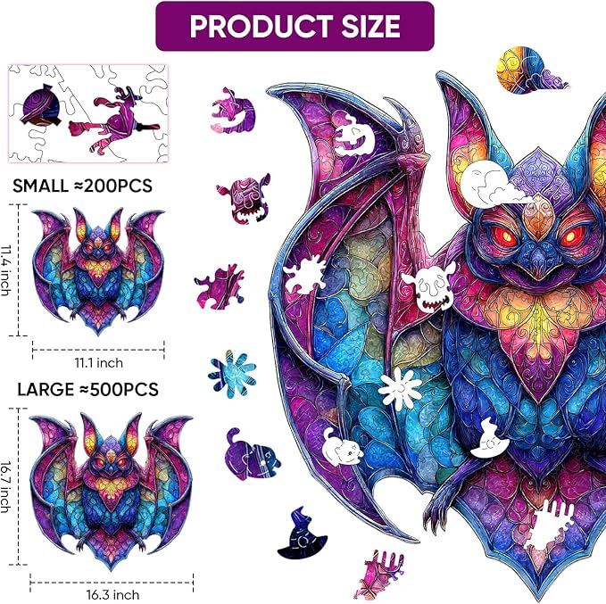 MEATRN Wooden Puzzles for Adults - Stained Glass Bat Wood Puzzles Adult, Unique Irregular Shape Animal Puzzle, Relaxing Family Game, Festival Decorative Gift for Kids, 198 Pcs, 11.4x11.1 in