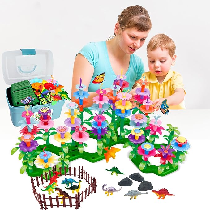 Toys Gifts for Toddlers Boys Girls Age 2 3 4 5 6, 167 PCS Dinosaur Flower Garden Building Blocks, STEM Fine Motor Skill Stacking Games, Easter First 1st Birthday Gifts for Preschool Kids 2+ Years Old