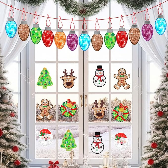 24 Sets Paper Crafts Kit with Colored Tissue Paper Sticker Tools Hanging Ornaments Suncatcher for Window Classroom Activity(48 Sets,Christmas)