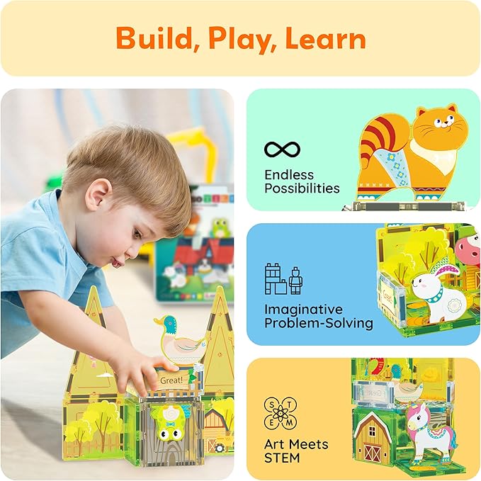 PicassoTiles Magnetic Tiles 8 Character Farm Animal Accessory Add on Set Compatible with Picasso Magnet Tile Playsets Pretend Play Preschool Toy STEM Educational Toys for Learning Kids Ages 3+ PTA27