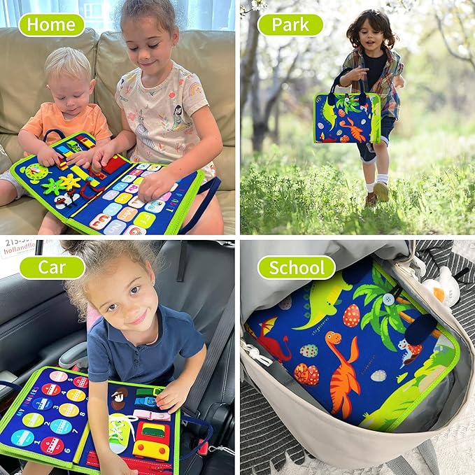 LearnToy Dinosaur Montessori Learning Toy for Toddlers Ages 3-5 Years, Busy Sensory Board with Educational Activities, Travel-Friendly Developmental Skills Toy