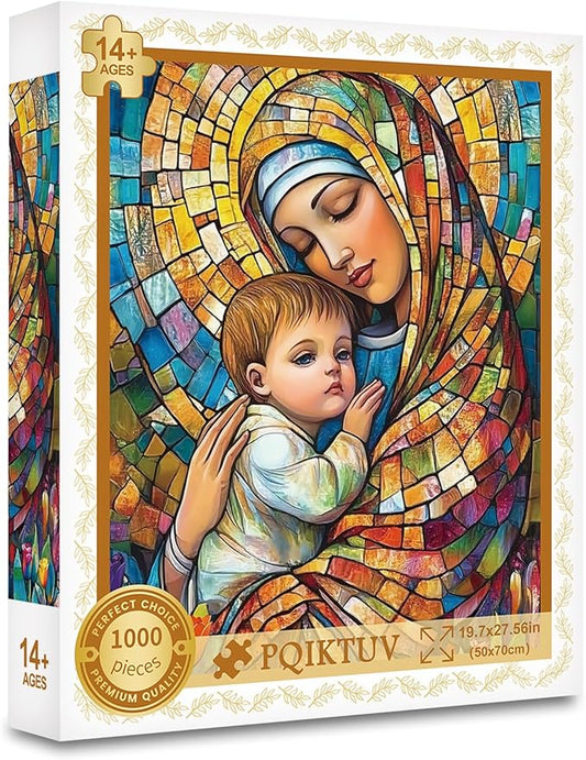 1000 Piece Adult Puzzle, Stained Glass Scene, Religious Design Jigsaw Puzzles Mosaic Art with Letter Markings, Family Impossible Challenge Puzzle, – Home Decor Gift, 50x70cm (19.7x27.56 in)