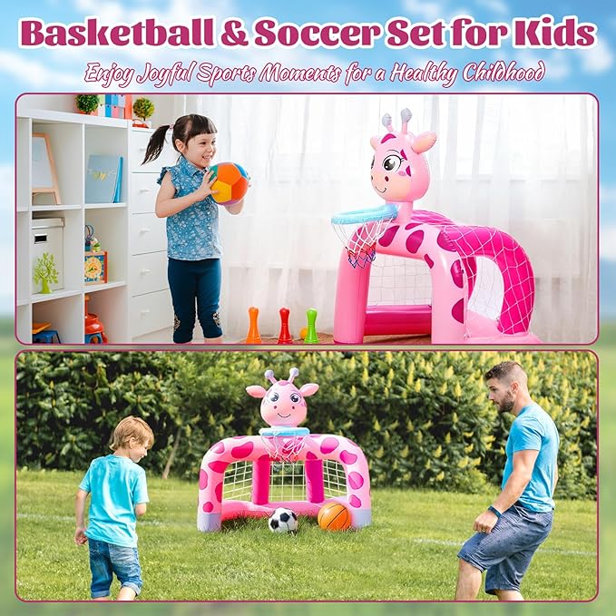 Soulchen 2 Set 2 in 1 Inflatable Toddler Basketball Hoop Soccer Goal Set, Giraffe Indoor Outdoor Sports Activity Center Toys for Kids, Baby Toddlers Birthday Gift for 1 2 3 4 5 Year Old Boys Girls