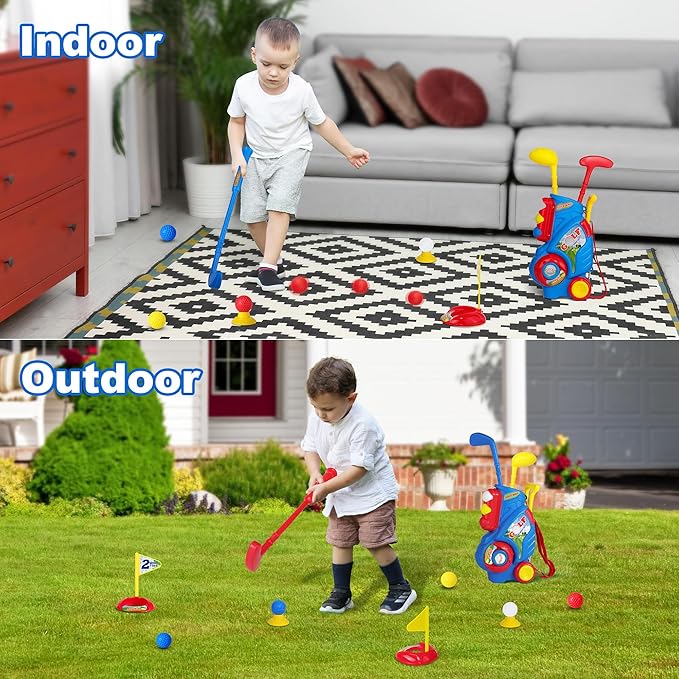 Toddler Golf Set for Boys Girls 1 2 3 4 Years Old, Upgraded Kids Golf Cart with 3 Clubs & 8 Balls, Outdoor Indoor Sports Toys Birthday Gift, Blue