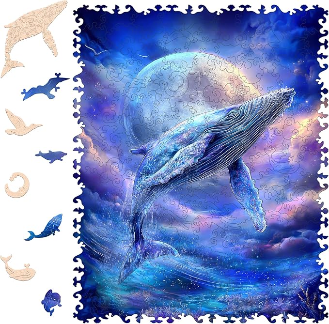 Bovearto Whale Puzzle, Moon Whale Wooden Puzzles for Adults, Sea Animal Puzzle Unique Shaped Puzzle Gifts for Kids 206 Pieces (9.8"*12.2")