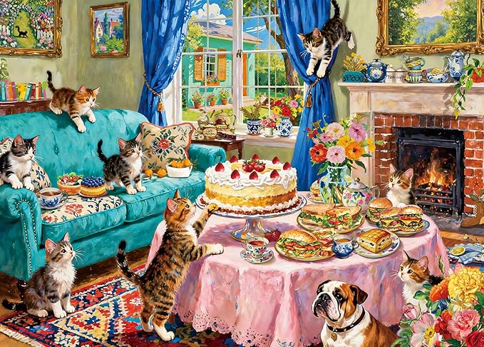 500 Piece Jigsaw Puzzle for Adults Whimsical Tea Party with Kittens Bulldog Cozy English Living Room Scene Challenging Paper Puzzle for Cat Lovers Game Nights Home Decor