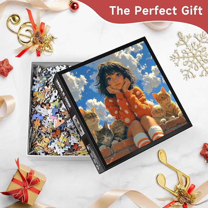 Whimsical Girl & Cats 1000 Piece Jigsaw Puzzle for Adults - Heartwarming Sky Scene with Fluffy Clouds, Poster & Lettered Back, 22.8" Square HD Quality, Unique Gift for Cat Lovers