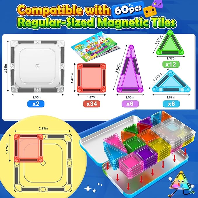 Soyee Easter Basket Stuffers for Toddler Kids Mini Magnetic Tiles 60PCS Toddler Kids Toys Travel Set with Metal Tin Case, Portable STEM Building Blocks Kids Toy for 3-12 Year Old Boys & Girls