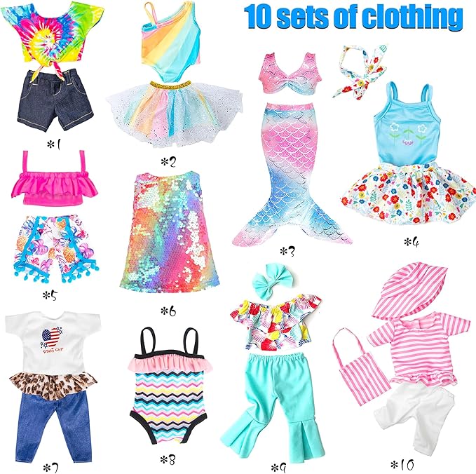 iBayda 18 Inch Doll Fashion Clothes - 10 Sets Include Outfits, Mermaid Dress, Bikini, Hats & Handbags Accessories (Doll Not Included)