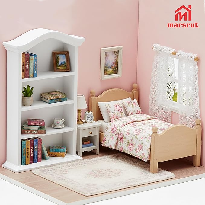Dollhouse Bookcase 1:12 Scale Miniature Mini Bookshelf Doll House Book Shelves for Small Items Accessories Furniture Wooden 4 Floors Display Cabinet Decoration Home Bedroom, White