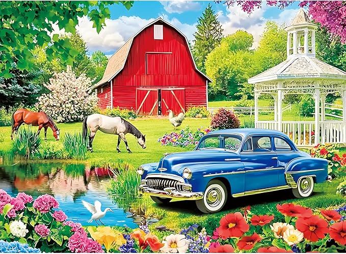 Puzzles for Adults 500 Pieces,Farm Horse Puzzle for Adult,Flowers Rooster Barn Truck Themed Jigsaw Puzzle,Country Life Puzzle for Seniors,Puzzles for Family Game Nights, 20.5x15 in