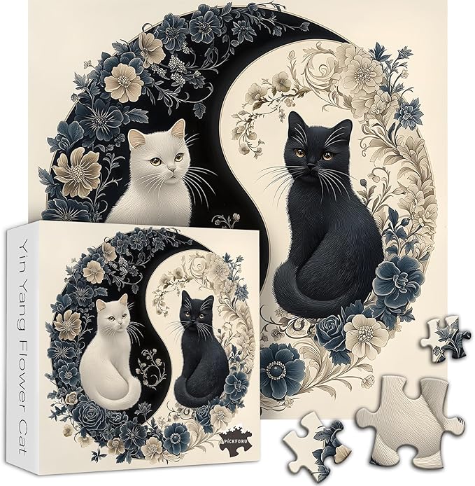 Yin Yang Cat Puzzle for Adults 1000 Pieces, Black and White Kitten Flower Animal Puzzle, Beautiful Aesthetic Art Kitty Floral Jigsaw Puzzle, Impossible Difficult Hard Challenge for Adults
