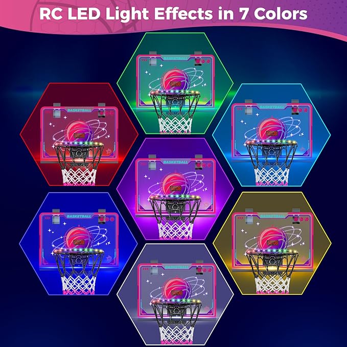 VATOS Basketball Hoop for Girls Indoor, LED Basketball Hoop with 7 Color Lights, Glowing Rim, Scoreboard & Remote Controller, Basketball Set Sports Toys Birthday Gifts for Girls Kids Teens 5-12