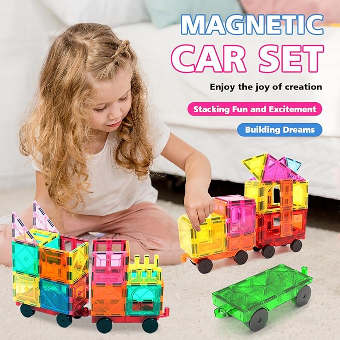 Magnetic Tiles Cars Construction Set, 4 PCS Magnet Cars Magnetic Building Blocks Toy for Kids Ages 4-8 3-5 Magnet Bricks Truck Kit Educational Sensory Toys Gifts for 3+ Year Old Boys & Girls Christmas
