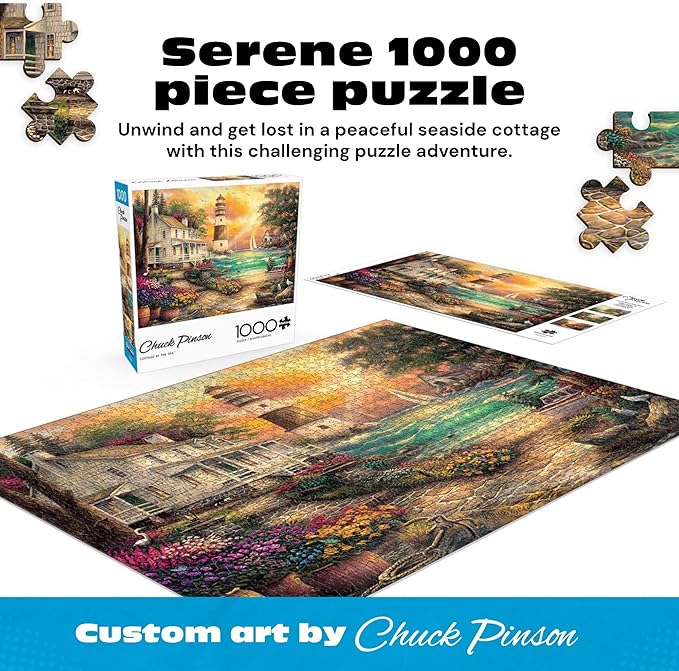 Buffalo Games - Chuck Pinson - Cottage by the Sea - 1000 Piece Puzzle for Adults, Serene Lighthouse Jigsaw with Poster, Premium Scenic Puzzle for Game Nights