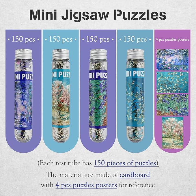MISITU Small Jigsaw Puzzles for Adults Challenging Puzzle Small Puzzles Mini Jigsaw Puzzles for Adults 150 Pieces Micro Tiny Puzzle Van Gogh Art Puzzles Travel Puzzle 6 x 4 Inch 4 Packs