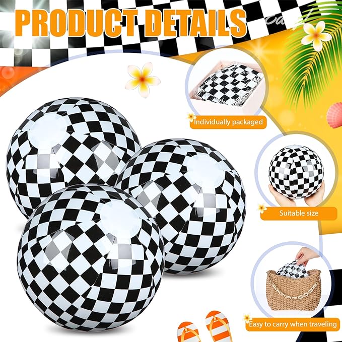 12 Pack Black and White Checkered Flag Themed Beach Ball for Kids 7.87" Bulk for Summer Pool and Beach Game Gifts Race Car Birthday Party Supplies and End of The Year Class Decorations Favor