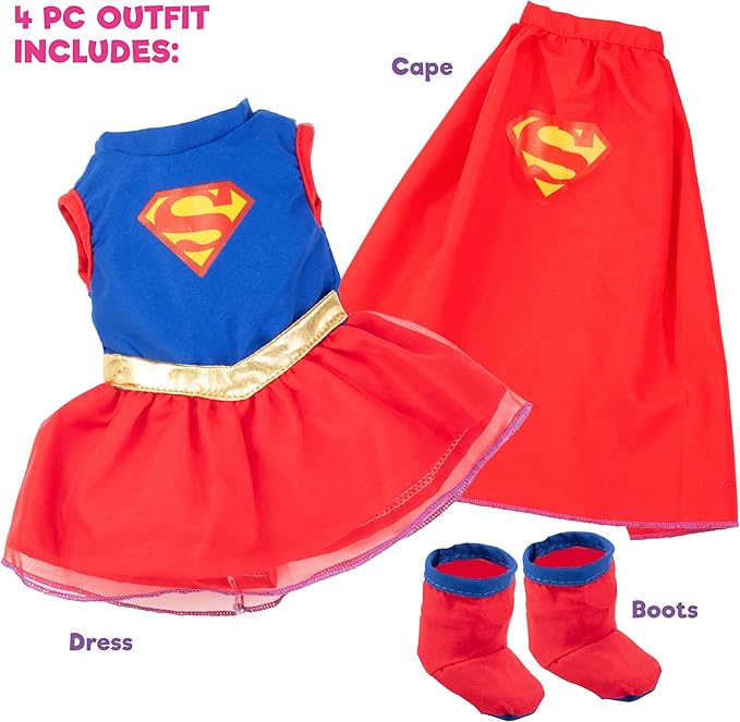 Dress Along Dolly 3pc Super Hero Girl 18" Doll Outfit-Compatible with American Girl- Premium Handmade Clothes & Accessories Set Includes Dress, Shoes, Cape- Movie and Comics Gift