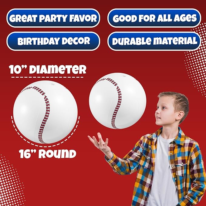 Bedwina Inflatable Baseball (Pack of 12) 16-inch, Baseball Beach Balls for Themed Party Decorations & Birthday Decor - Pool Ball Toys Party Favors & Goodie Bags Favors for Kids, Boys and Girls