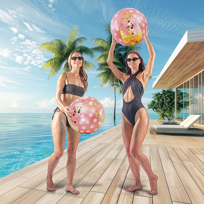 POZA Inflatable Beach Balls - Elegant Glitter Confetti Premium Floaters, Heavy Duty Vinyl Floatation Pool Toys for Pool Beach Party, UV Resistant Pool Décor