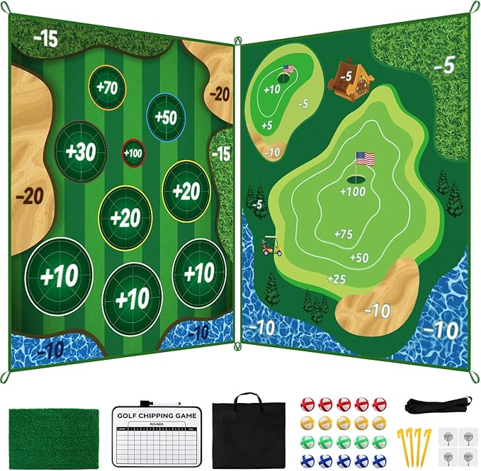 Double Sided Golf Chipping Game,6x5 FT Sticky Playing Golf Game Practice Mat for Adults with 20 Sticky Balls Golf Hitting Mat for Home Backyard Garage and Outdoor (No Club)
