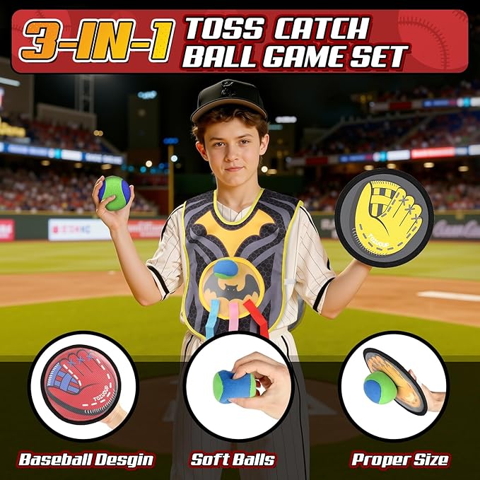 3-in-1 Toss Catch Ball Game Set, Kids Toddler Baseball Glove, Beach Games Outdoor Yard Lawn Toys for Kids & Family, Birthday Gifts Toys for 3 4 5 6 7 8-12 Year Old Boys and Girls