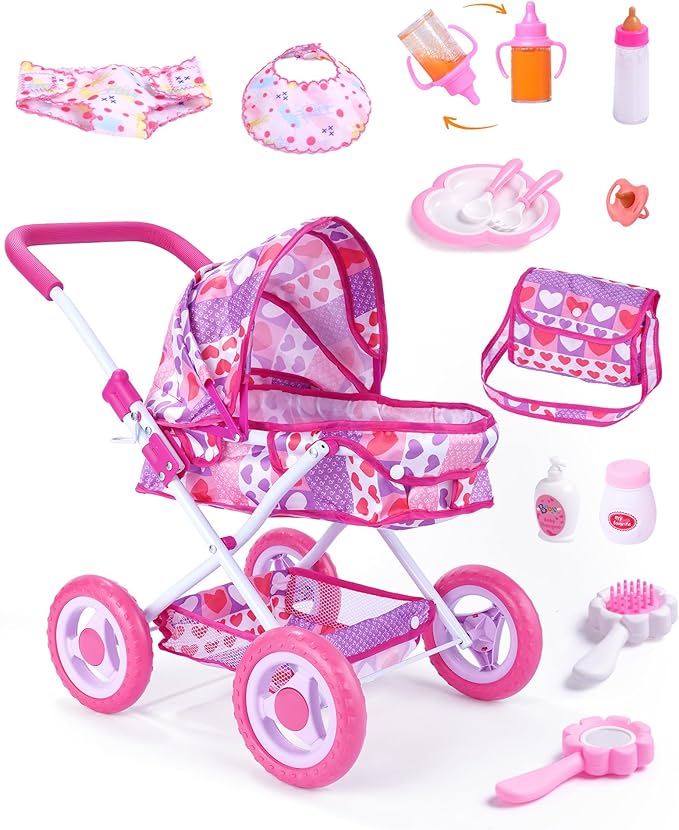 BABESIDE Baby Doll Stroller Set, 10-Piece Portable Doll Stroller with Baby Doll Accessories for Pretend Play, Feeding & Care Playset for Girls 3+, Fits 12-Inch Dolls (Doll Not Included)