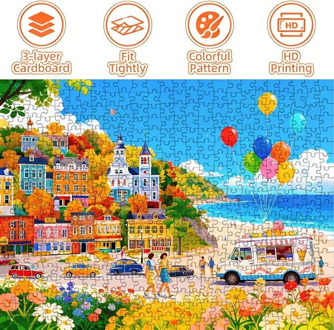Seaside Town Puzzles for Adults 500 Pieces, Colorful Coastal Town Jigsaw Puzzle with Letters on Back, 21x15 Inch Beach Town Puzzle for Family Game Night, Unique Gift for Puzzle Lovers